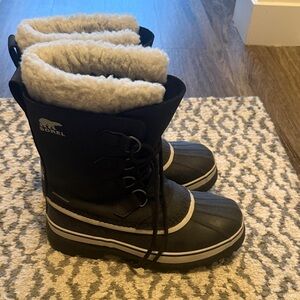 Sorel Black and White Winter Rain Boots with Fleece Lining